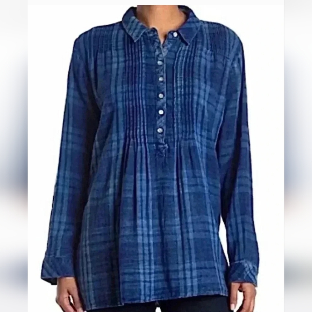 Faherty Blue Plaid Button-Pintuck Tunic